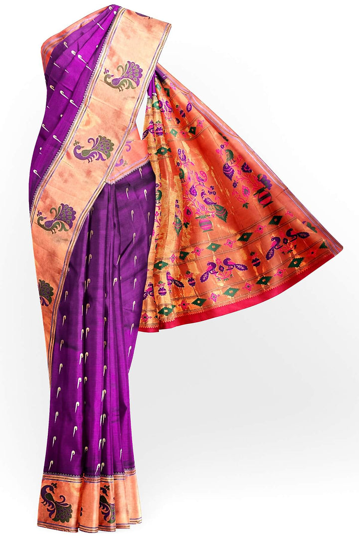 Paithani pure silk saree in wine with muniya motifs on the body.