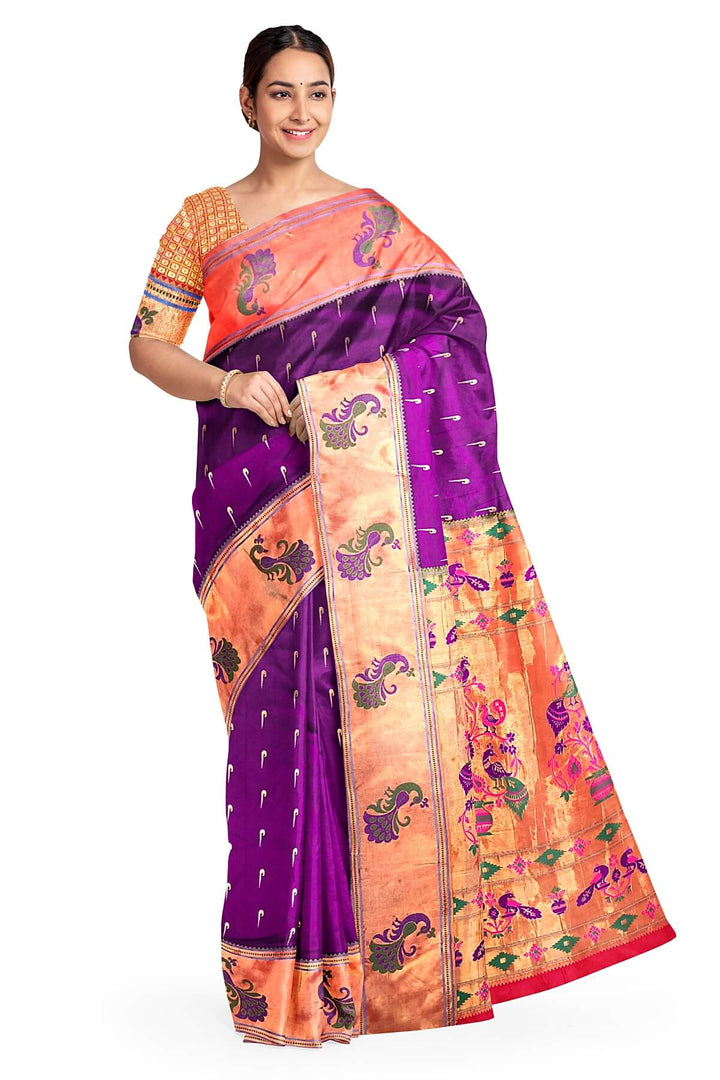 Paithani pure silk saree in wine with muniya motifs on the body.