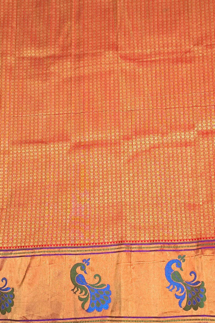 Paithani pure silk saree in pink with muniya motifs on the body.