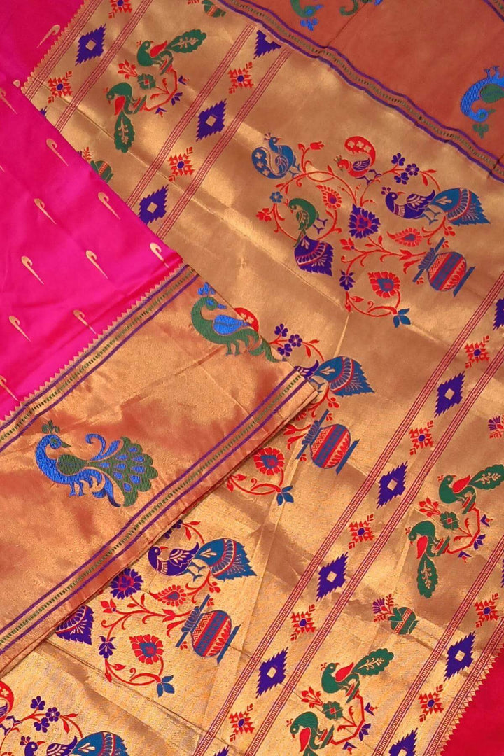 Paithani pure silk saree in pink with muniya motifs on the body.