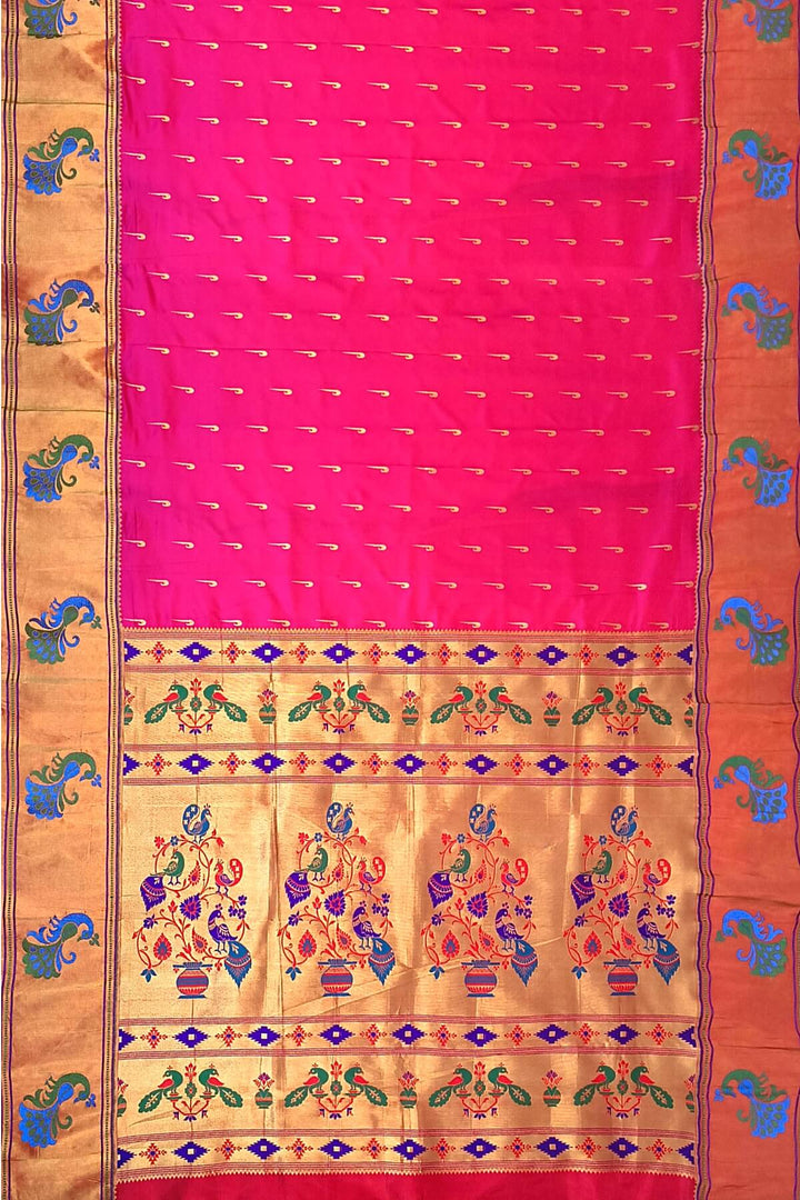Paithani pure silk saree in pink with muniya motifs on the body.