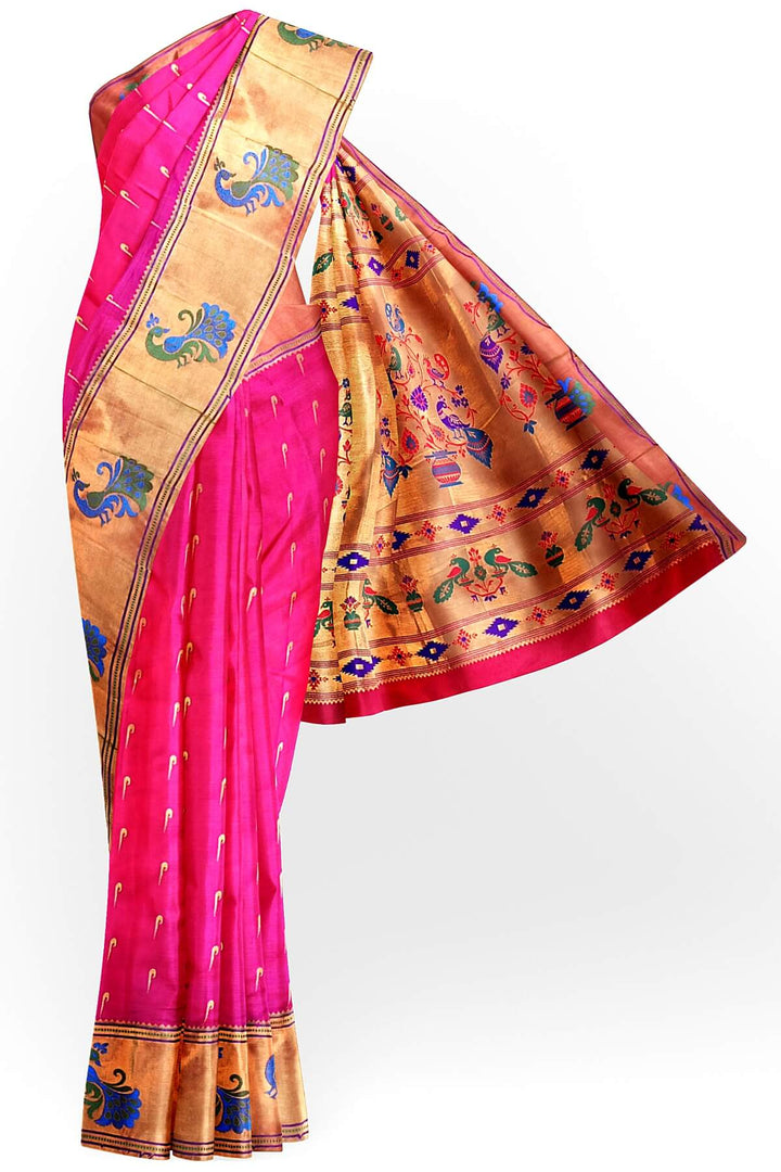 Paithani pure silk saree in pink with muniya motifs on the body.
