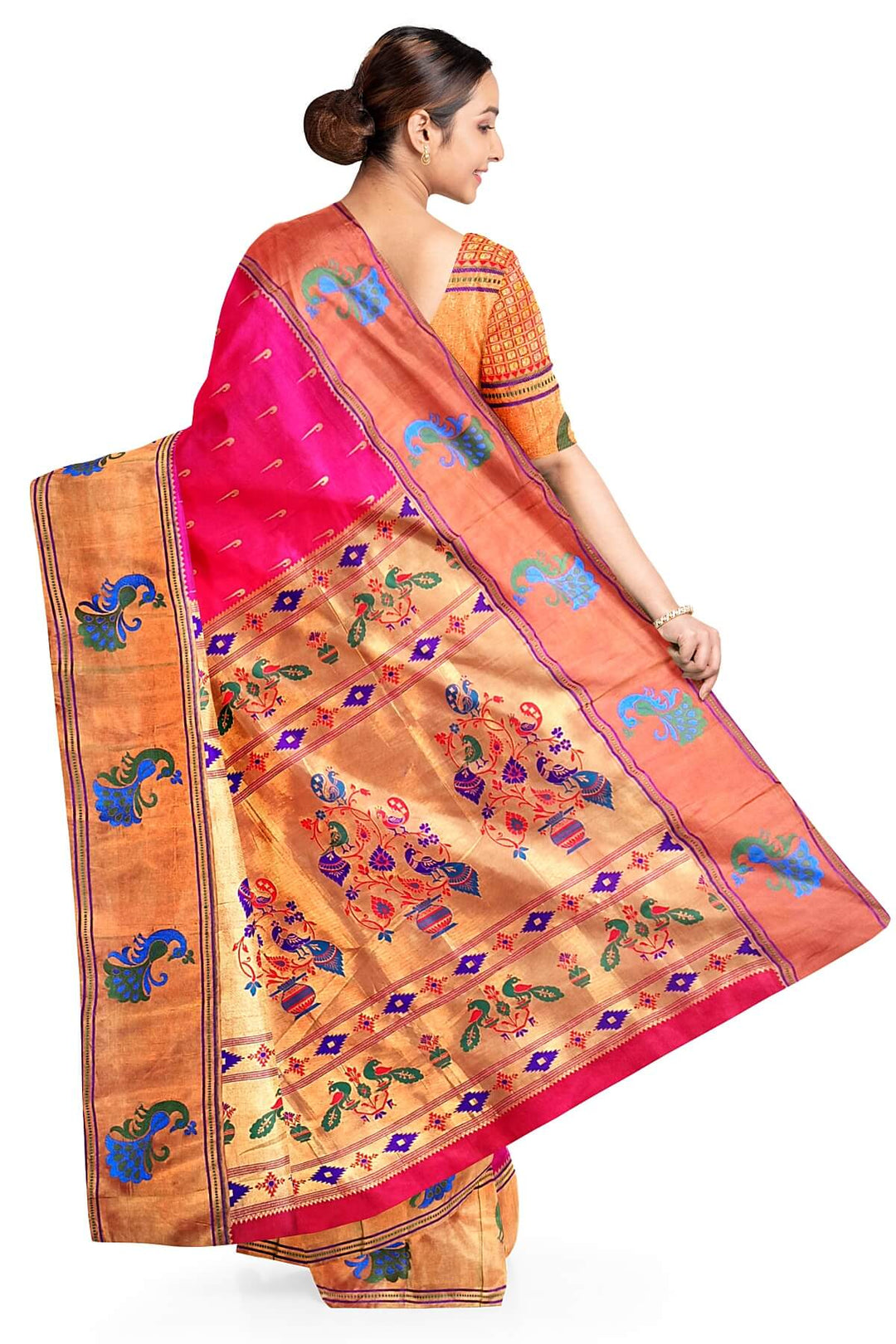 Paithani pure silk saree in pink with muniya motifs on the body.