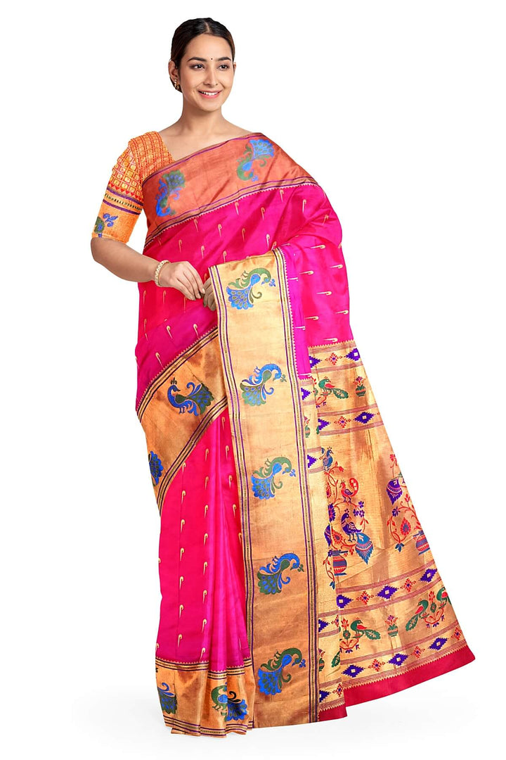 Paithani pure silk saree in pink with muniya motifs on the body.