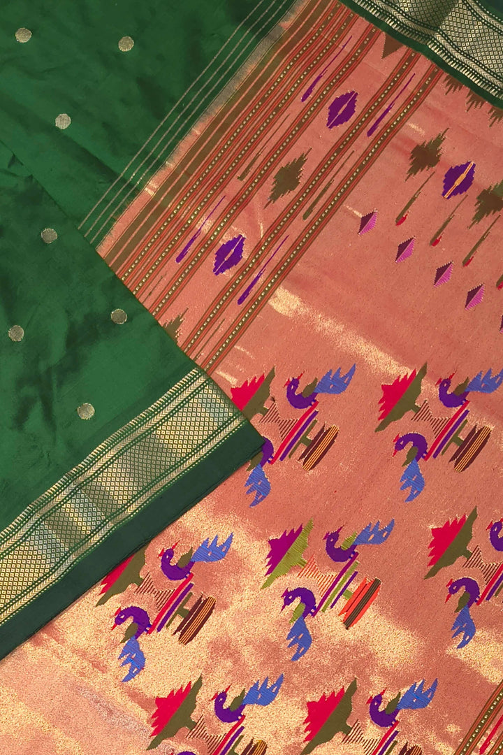 Handwoven Paithani pure silk saree in dark green