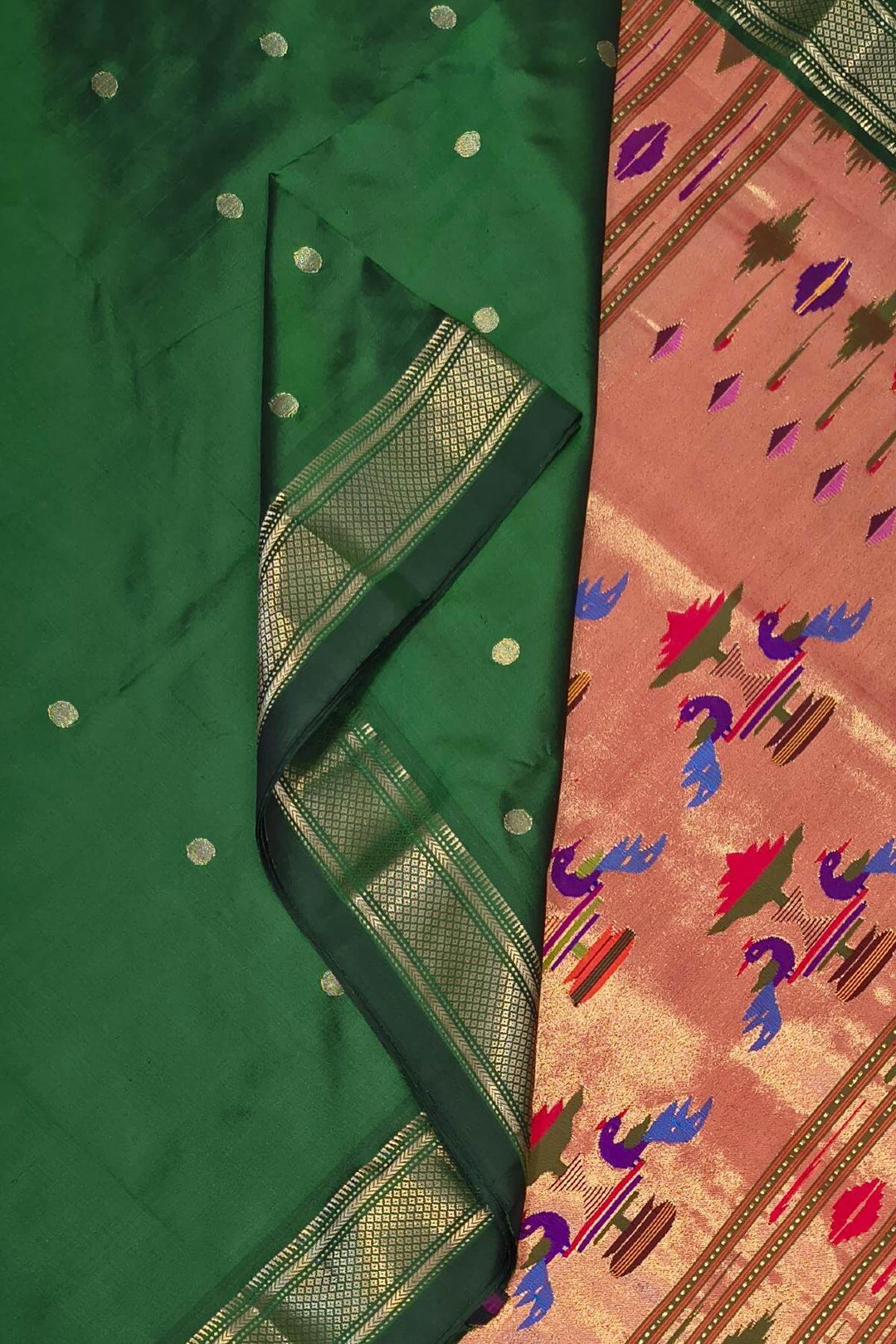 Handwoven Paithani pure silk saree in dark green