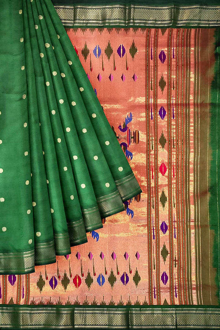 Handwoven Paithani pure silk saree in dark green