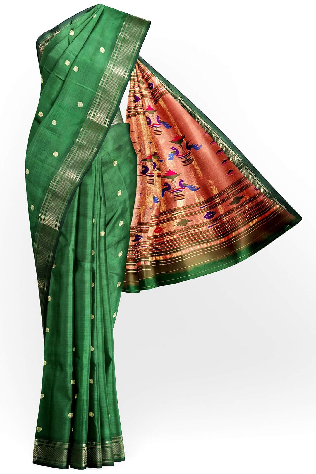 Handwoven Paithani pure silk saree in dark green