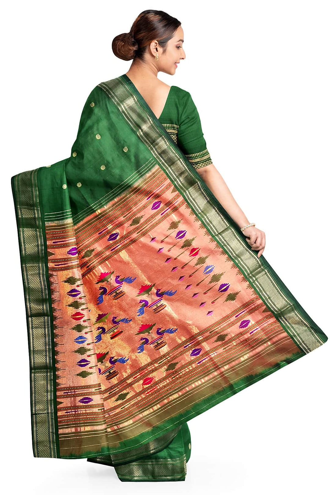 Handwoven Paithani pure silk saree in dark green