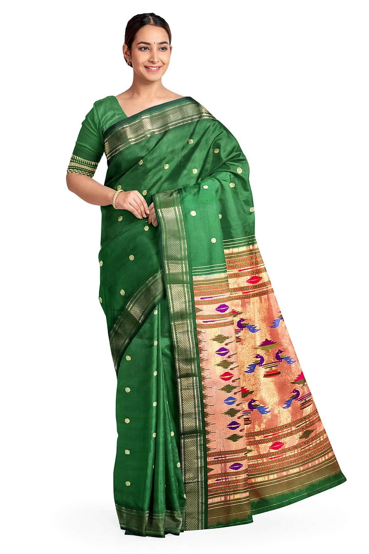 Handwoven Paithani pure silk saree in dark green