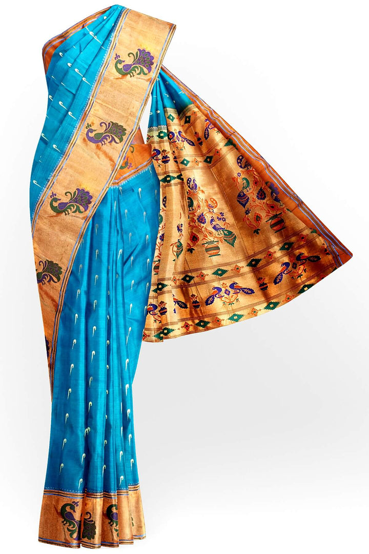 Paithani pure silk saree in blue with muniya motifs on the body.