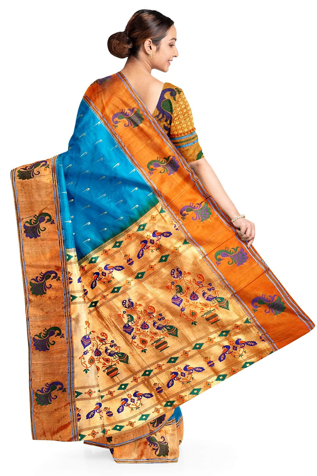 Paithani pure silk saree in blue with muniya motifs on the body.