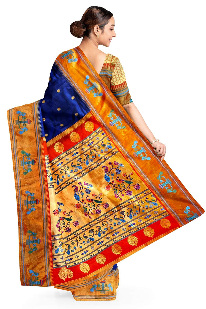 Paithani pure silk saree in violet  with round buttis with meena work.