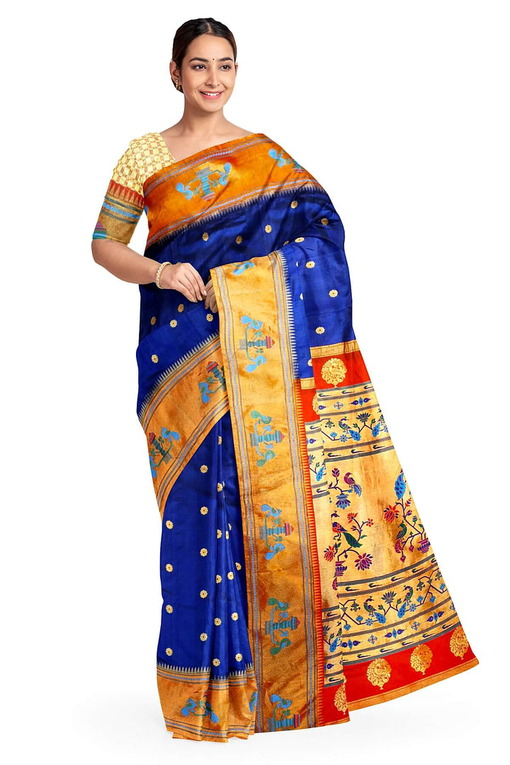 Paithani pure silk saree in violet  with round buttis with meena work.