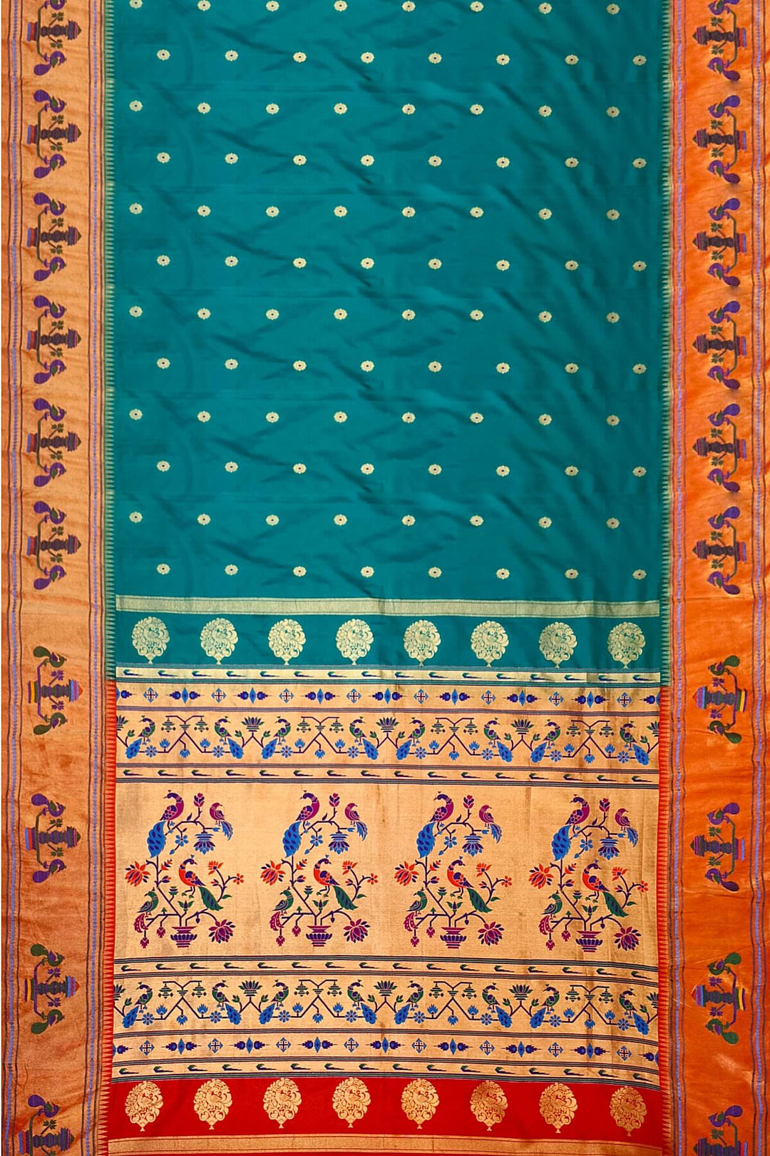 Paithani pure silk saree in green with with round buttis with meena work.