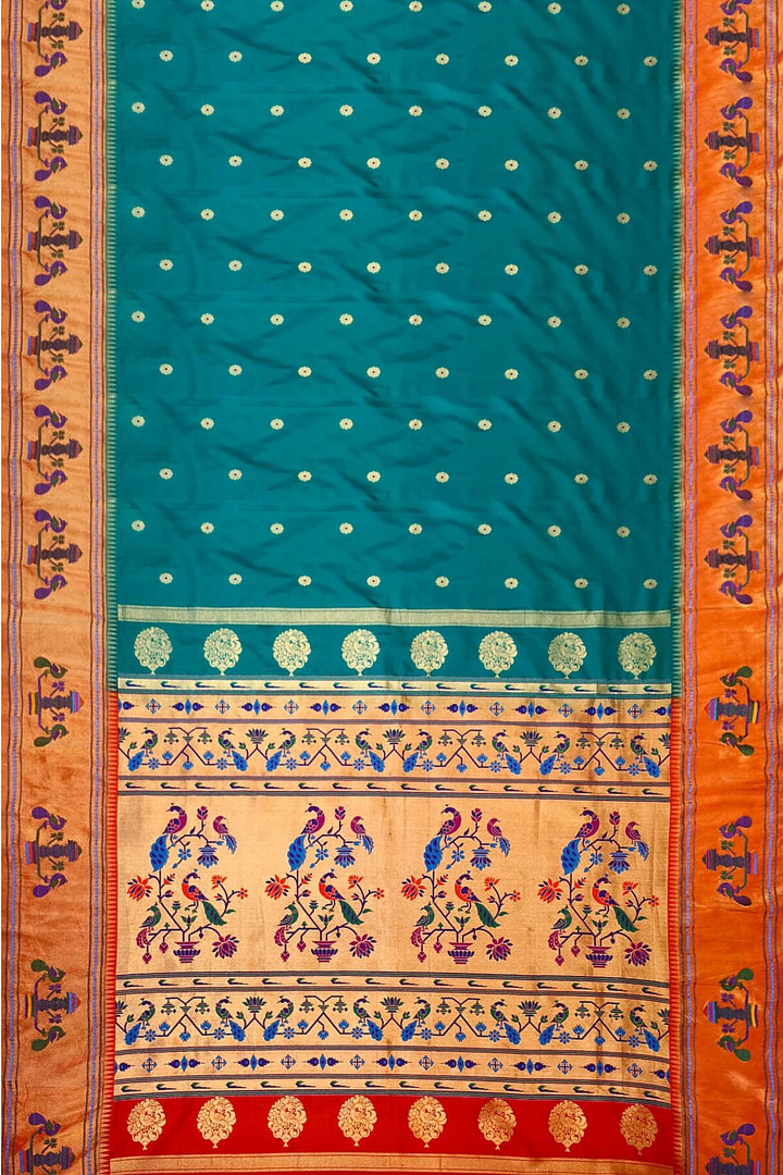Paithani pure silk saree in green with with round buttis with meena work.