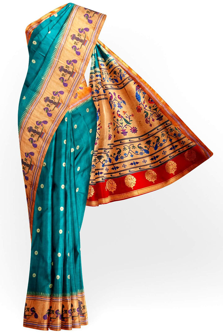 Paithani pure silk saree in green with with round buttis with meena work.