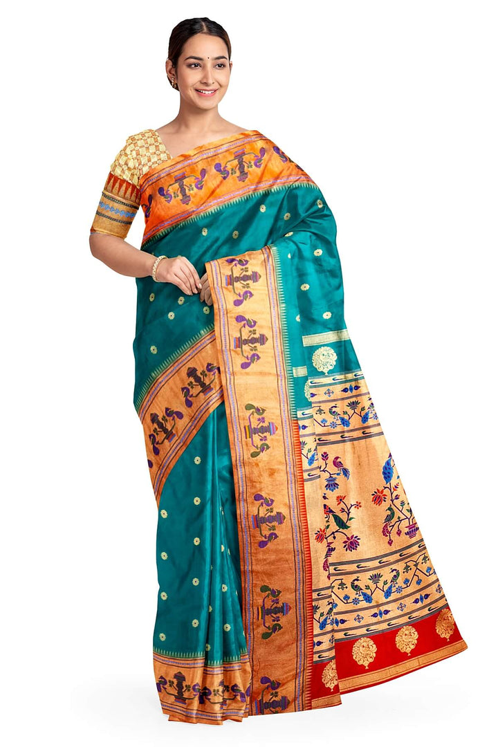 Paithani pure silk saree in green with with round buttis with meena work.