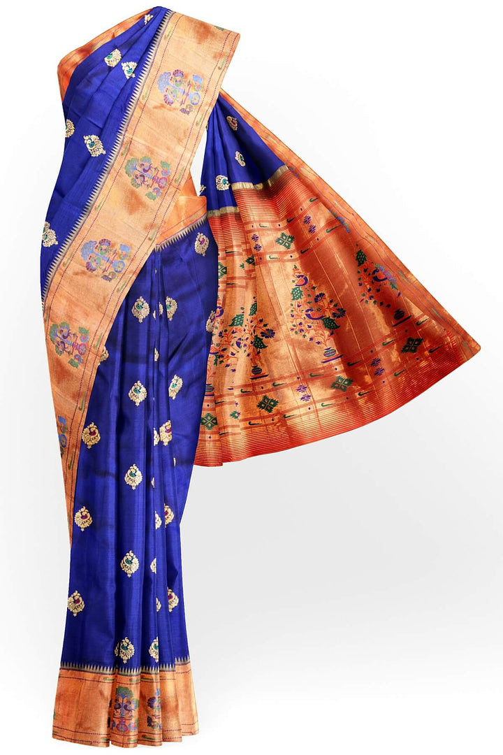 Paithani pure silk saree in violet with peacock motifs on the body.