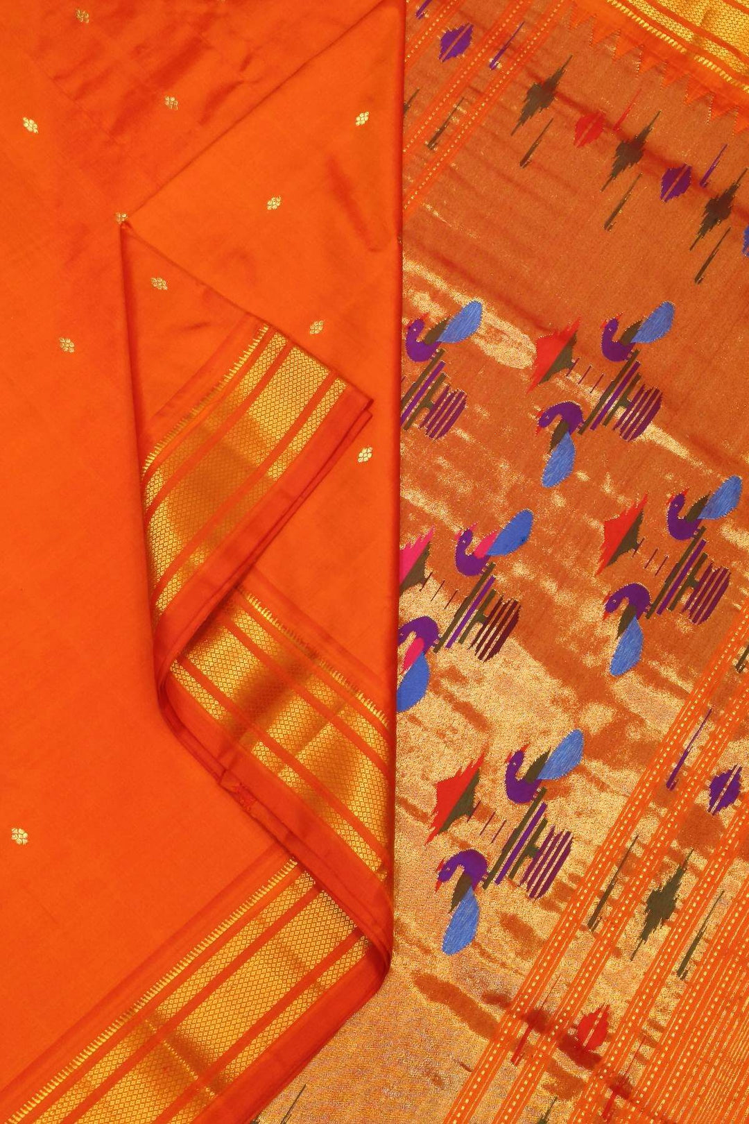 Handwoven Paithani pure silk saree in orange with mango motifs