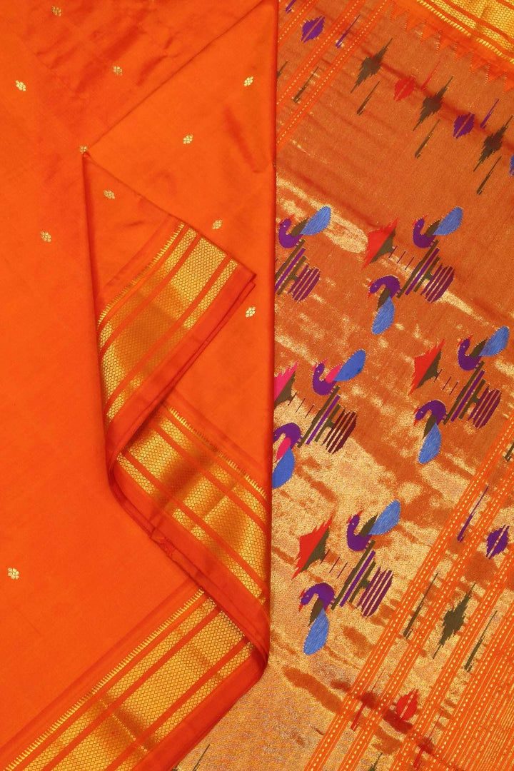 Handwoven Paithani pure silk saree in orange with mango motifs