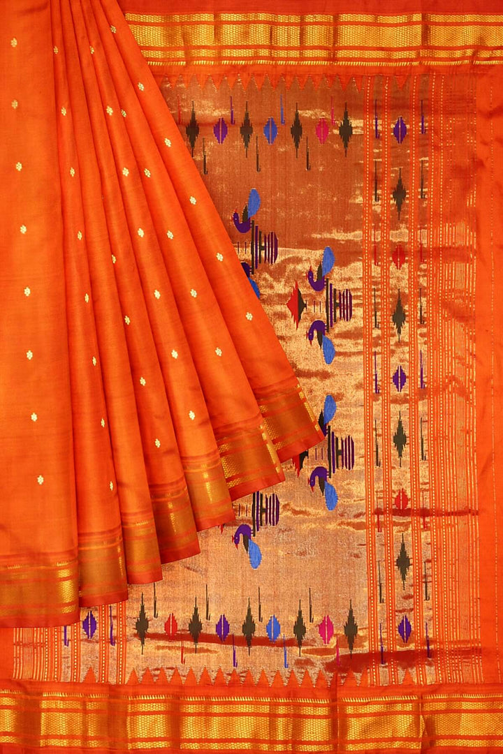 Handwoven Paithani pure silk saree in orange with mango motifs