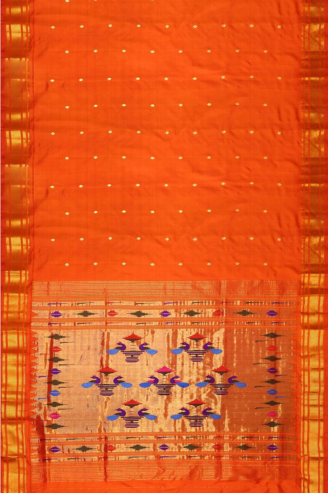 Handwoven Paithani pure silk saree in orange with mango motifs
