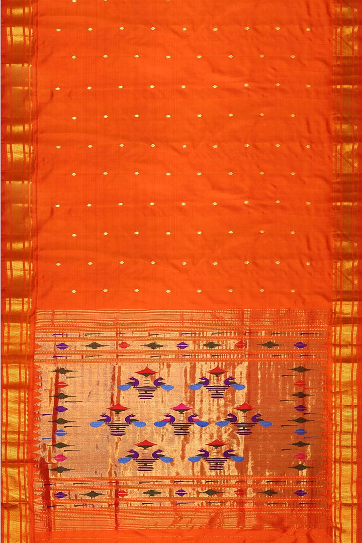 Handwoven Paithani pure silk saree in orange with mango motifs