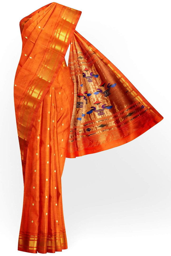 Handwoven Paithani pure silk saree in orange with mango motifs