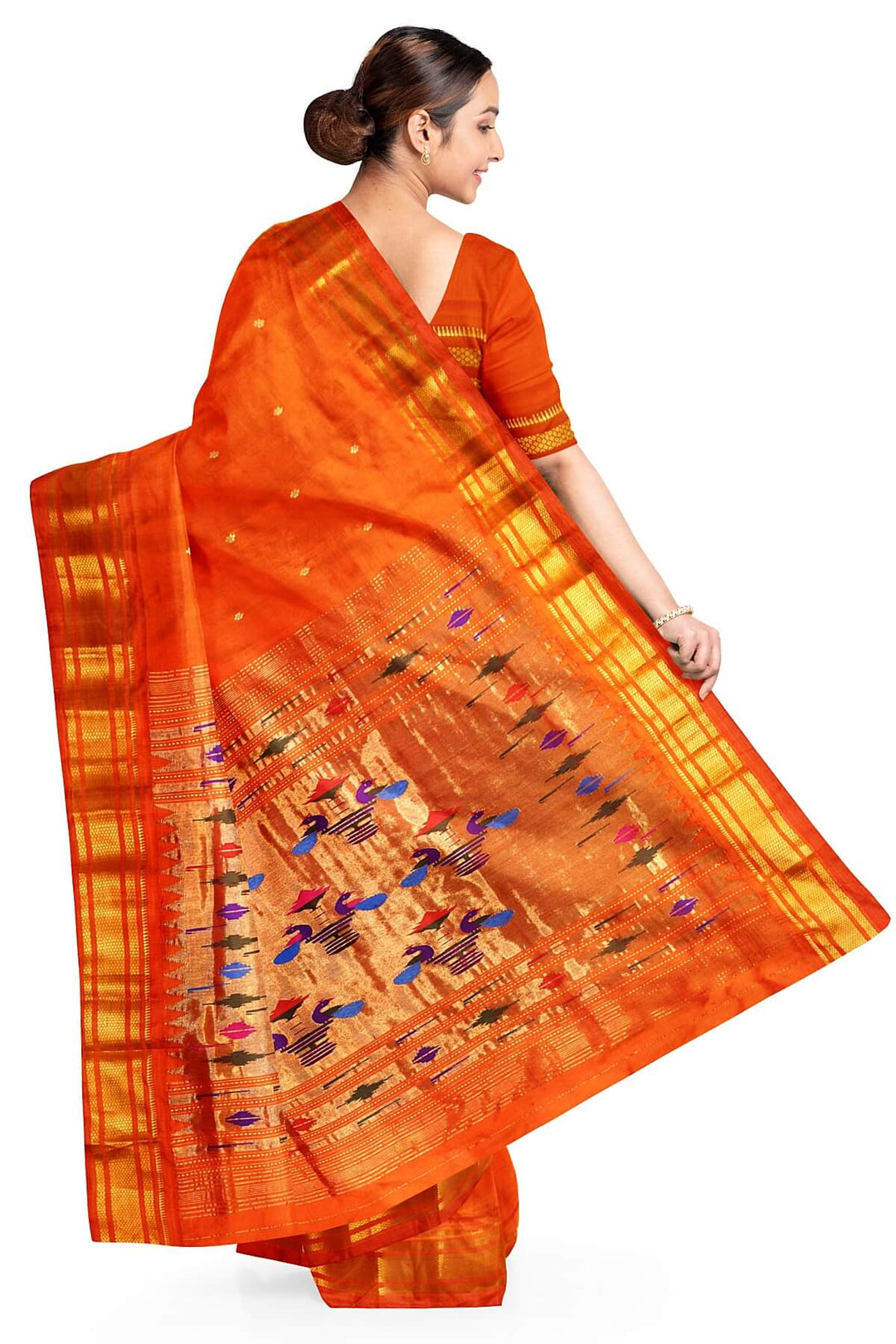 Handwoven Paithani pure silk saree in orange with mango motifs
