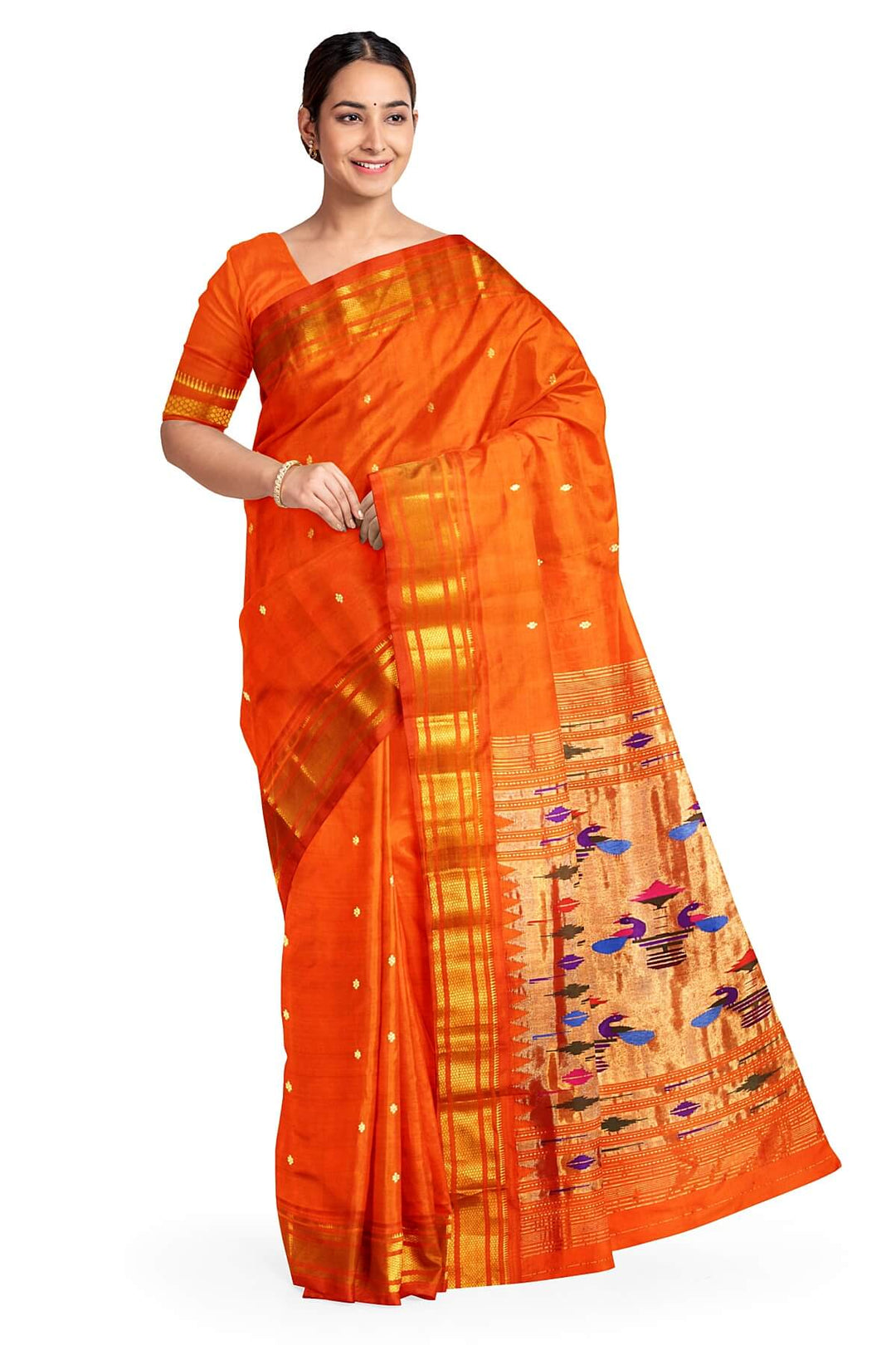 Handwoven Paithani pure silk saree in orange with mango motifs