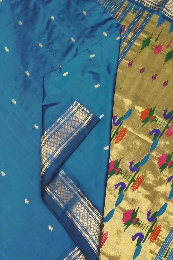 Handwoven Paithani pure silk saree in peacock blue with mango motifs