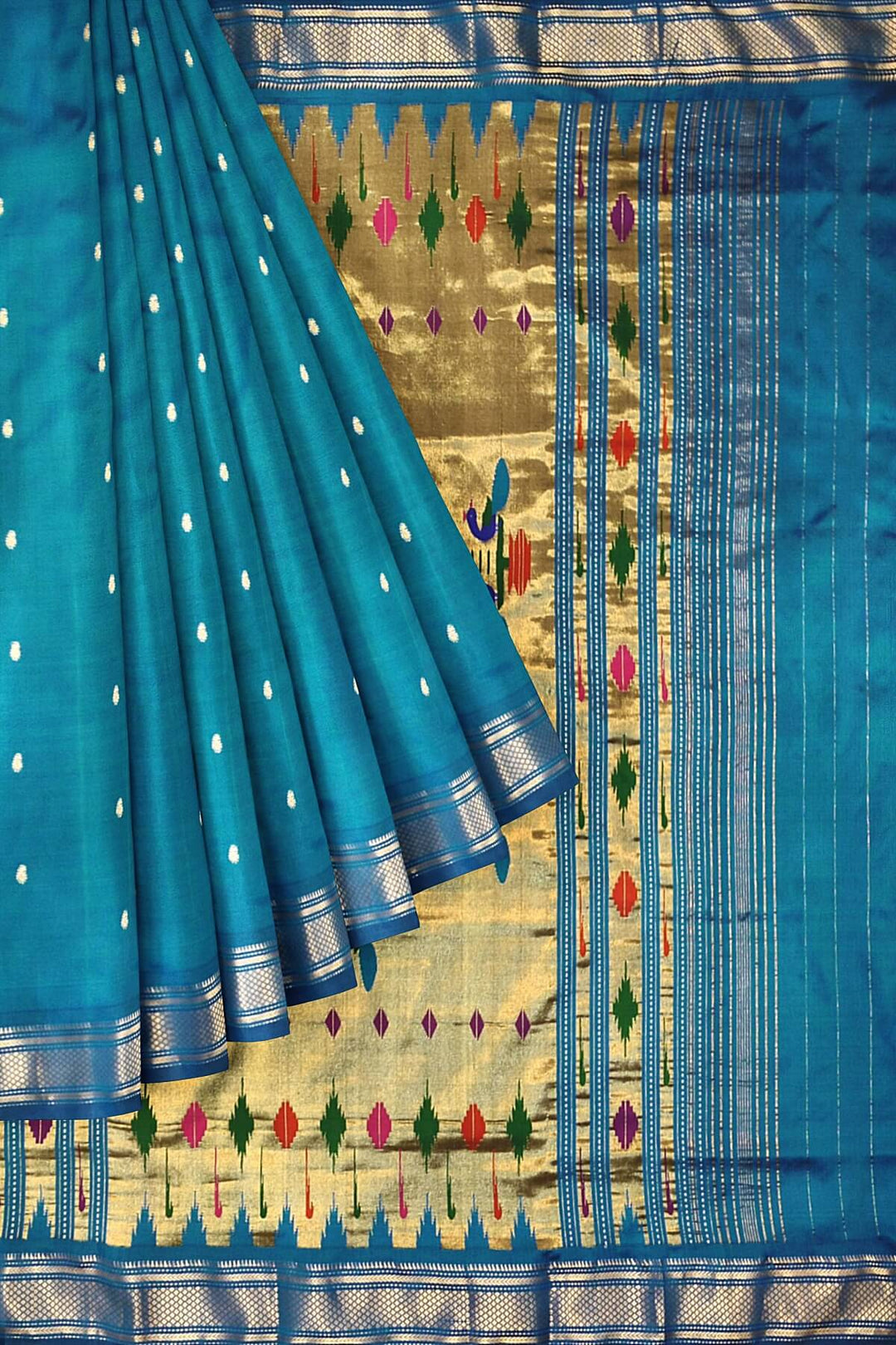 Handwoven Paithani pure silk saree in peacock blue with mango motifs