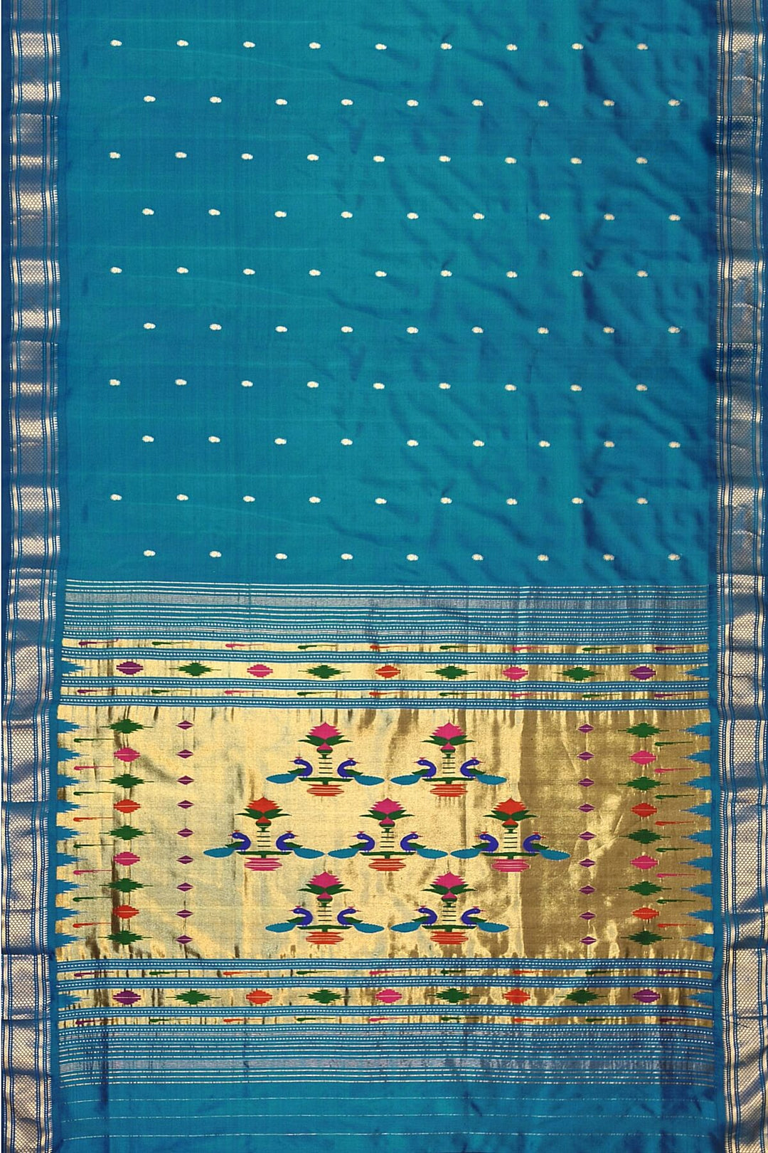 Handwoven Paithani pure silk saree in peacock blue with mango motifs