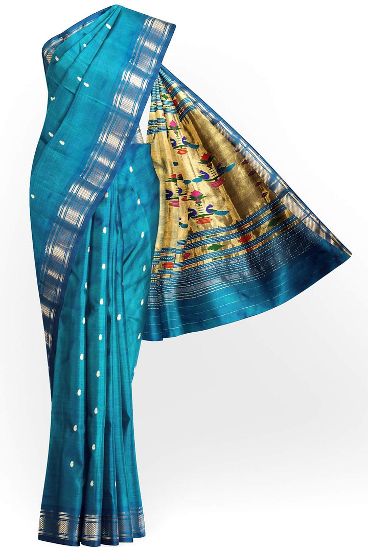 Handwoven Paithani pure silk saree in peacock blue with mango motifs