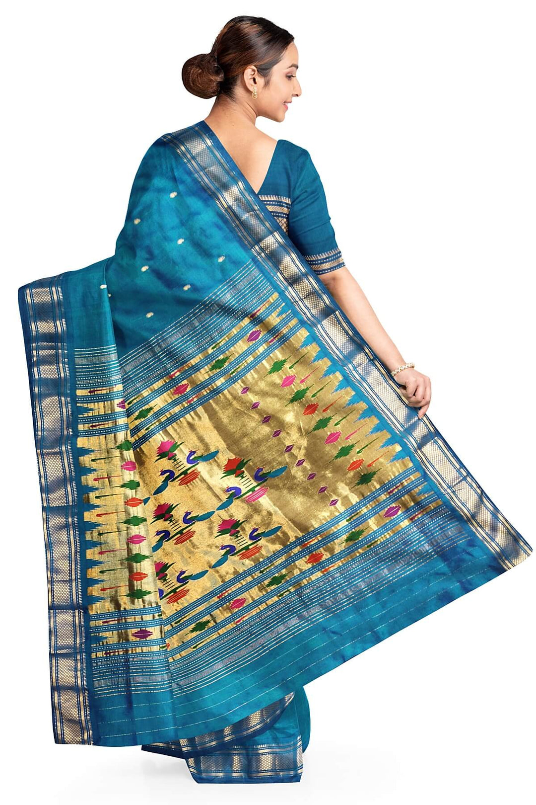 Handwoven Paithani pure silk saree in peacock blue with mango motifs