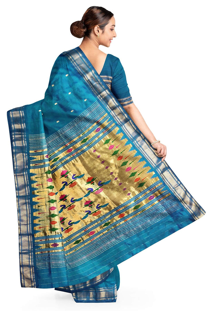 Handwoven Paithani pure silk saree in peacock blue with mango motifs
