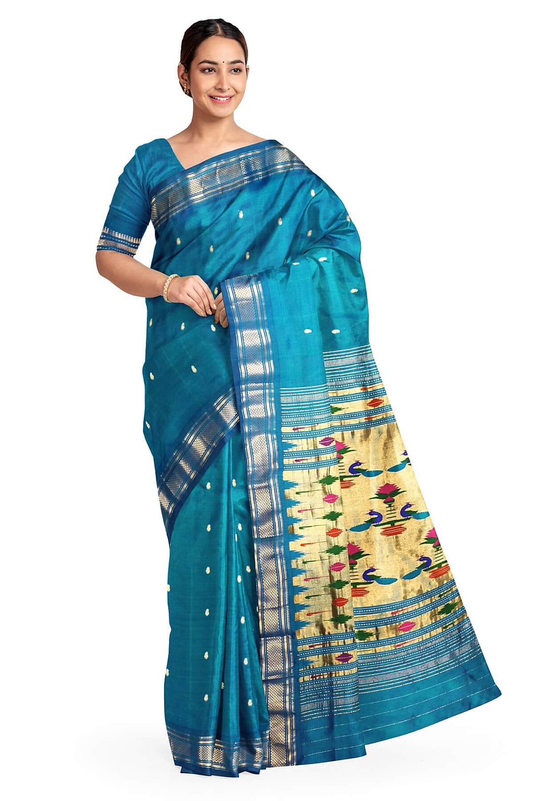 Handwoven Paithani pure silk saree in peacock blue with mango motifs