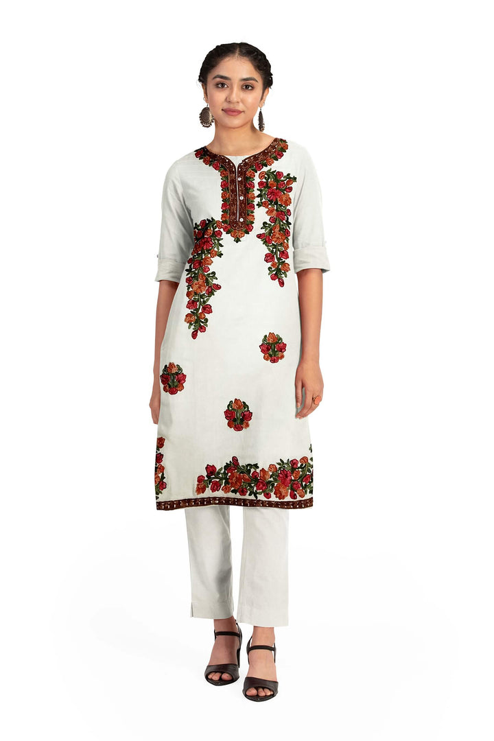 Crepe silk salwar suit material with Kashmiri hand embroidery