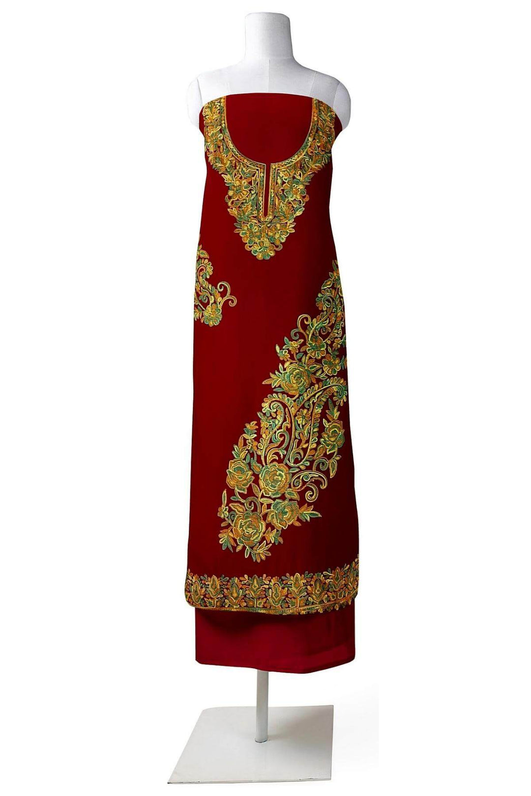 Crepe silk salwar suit material with Kashmiri hand embroidery. Anivartee Crepe silk salwar suit material with Kashmiri hand embroidery. Anivartee