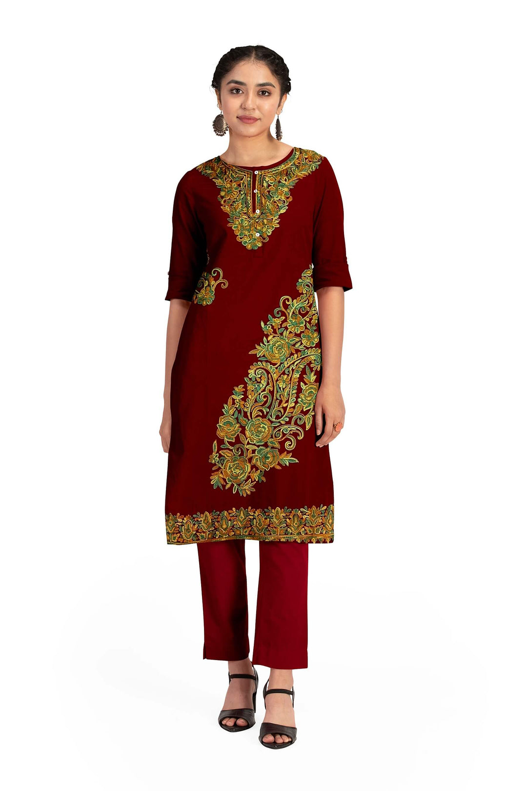 Crepe silk salwar suit material with Kashmiri hand embroidery.