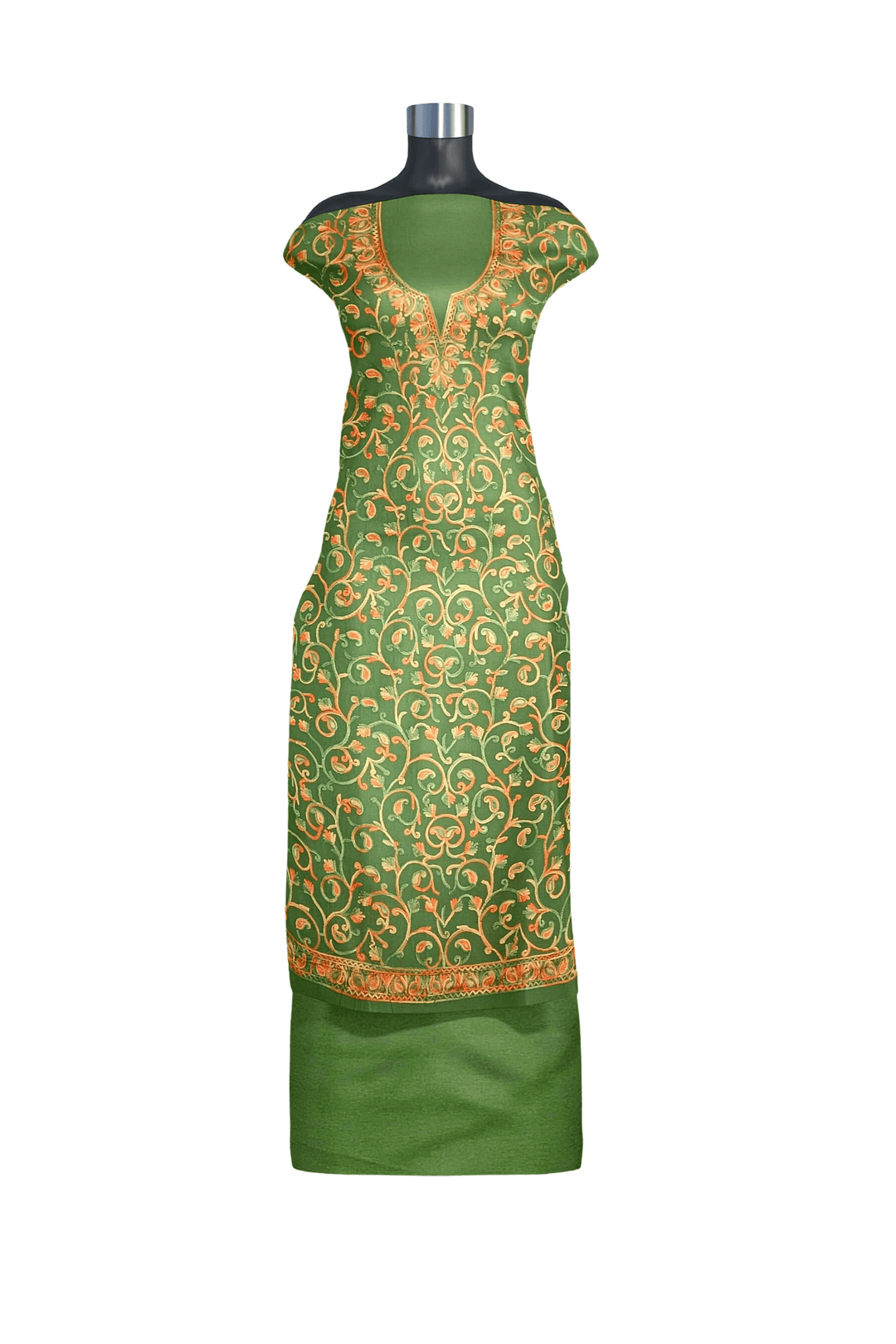 Crepe silk salwar suit material with Kashmiri hand embroidery.