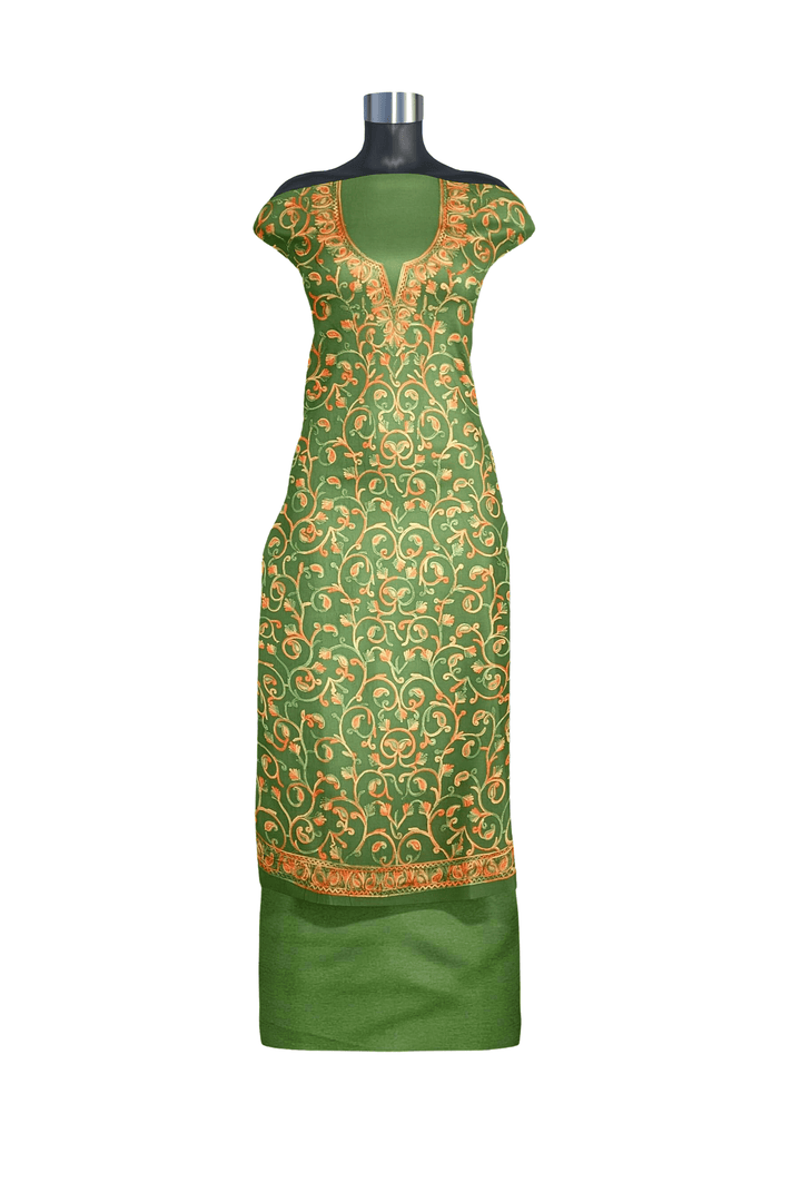 Crepe silk salwar suit material with Kashmiri hand embroidery.