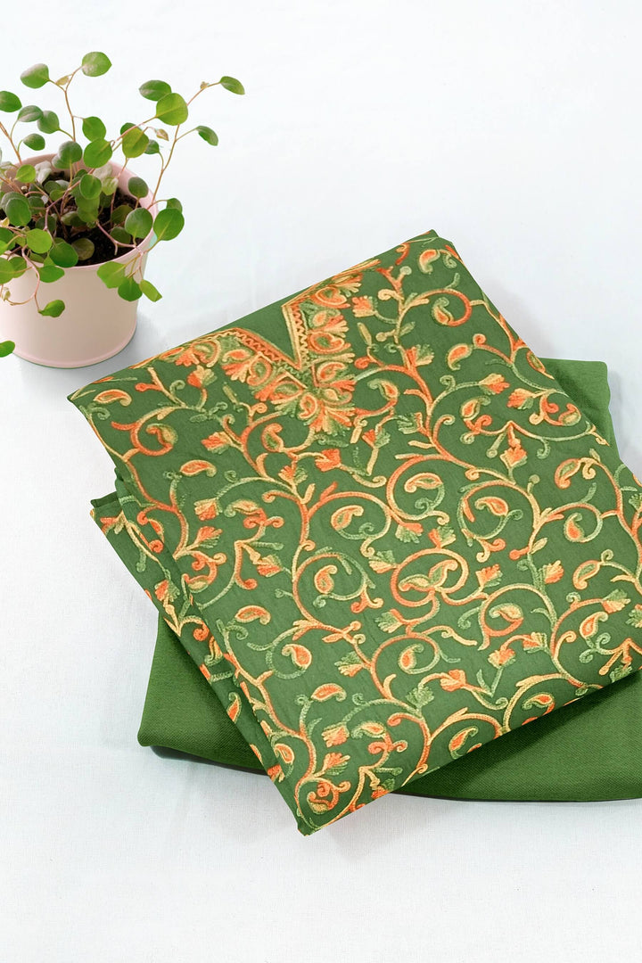 Crepe silk salwar suit material with Kashmiri hand embroidery.