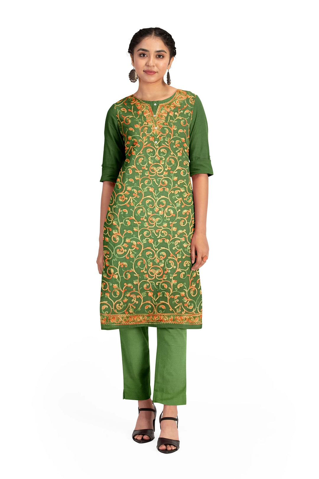 Crepe silk salwar suit material with Kashmiri hand embroidery.