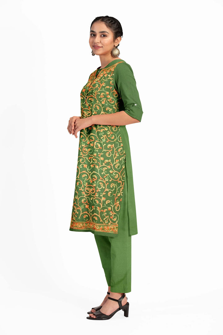 Crepe silk salwar suit material with Kashmiri hand embroidery.