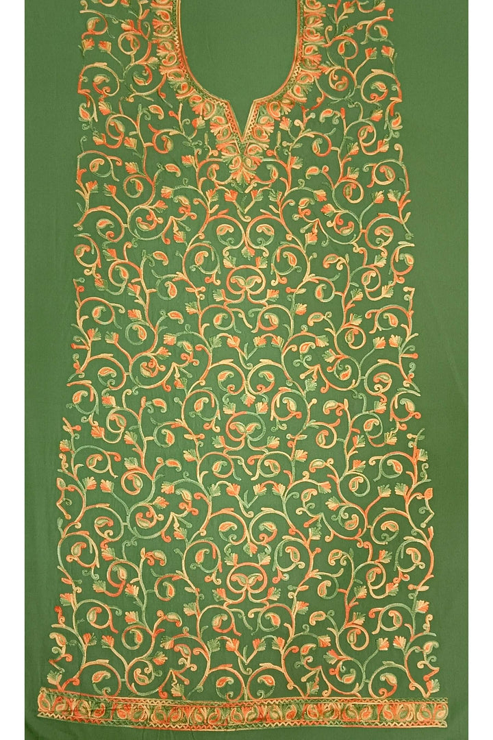 Crepe silk salwar suit material with Kashmiri hand embroidery.