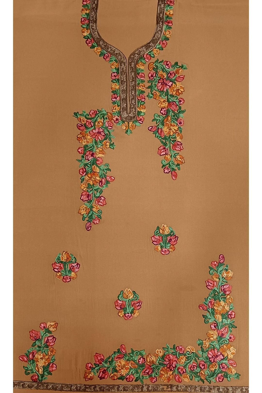 Crepe silk salwar suit material with Kashmiri hand embroidery.