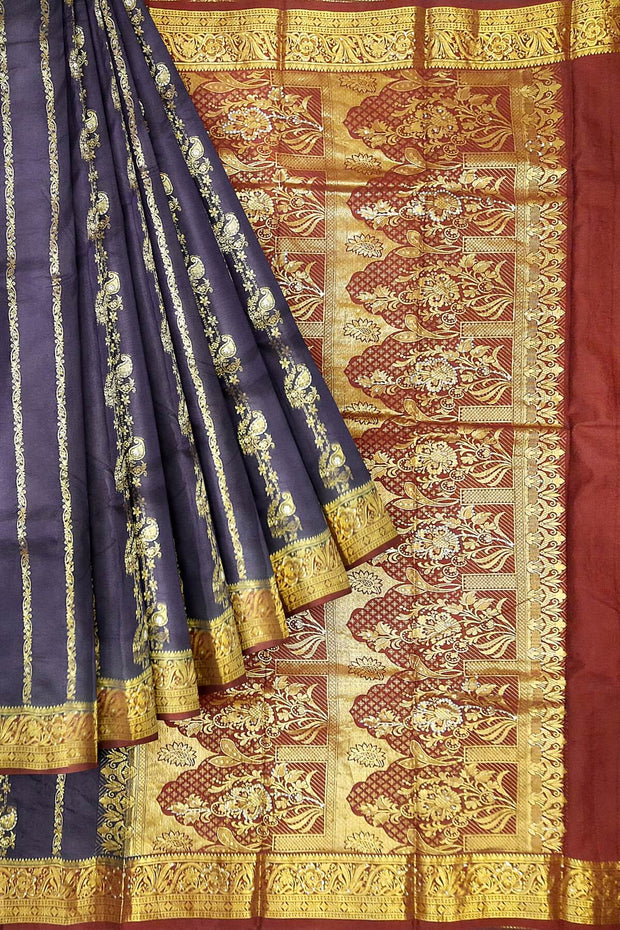Kora silk saree in navy blue with  floral motifs in gold
