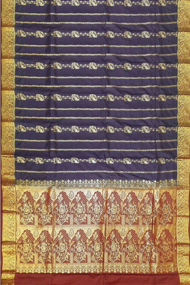 Kora silk saree in navy blue with  floral motifs in gold